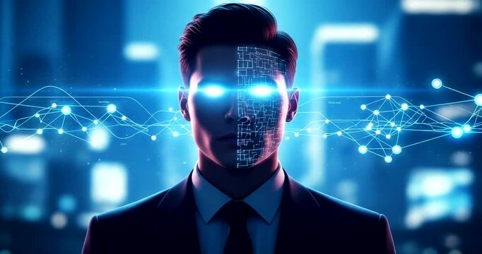 Man with futuristic digital face and glowing eyes, representing ai and technology - Powered by Adobe