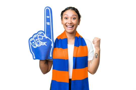 sports fan woman over isolated chroma key background celebrating a victory in winner position