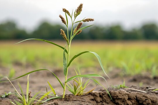 Browntop Millet Plant &ndash; Urochloa ramosa Single Plant with Roots and Seed Heads in Natural Field