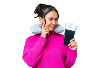 Young Uruguayan woman holding a passport over isolated chroma key background having doubts
