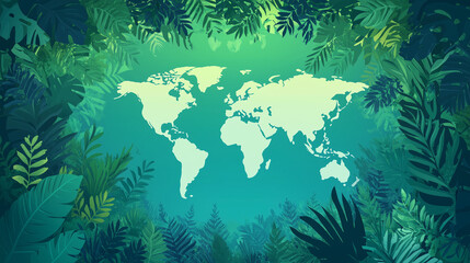 World map on green foliage background with copy space