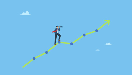 Naklejka premium Businessman look through telescope to see investment growing graph. Investment upside potential, economy prediction or forecast, vision or analyze future, business growth or earning increase.