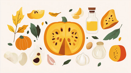 Autumn harvest composition with pumpkin, vegetables, and oil on light background with copy space