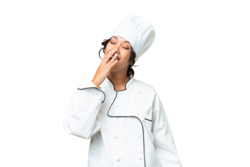 Young chef Argentinian woman over isolated background yawning and covering wide open mouth with hand
