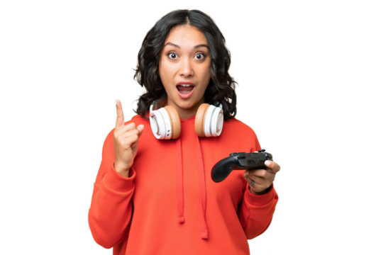 Young Argentinian woman playing with a video game controller over isolated background intending to realizes the solution while lifting a finger up