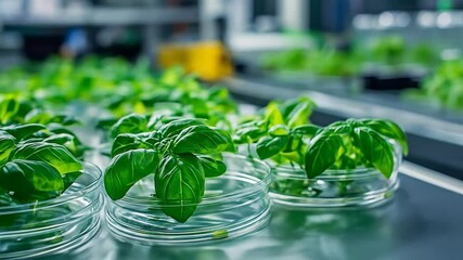Rows of fresh basil plants grow in clear containers under controlled conditions - Powered by Adobe