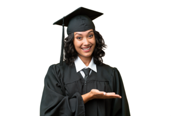 Young university graduate Argentinian woman over isolated background presenting an idea while looking smiling towards