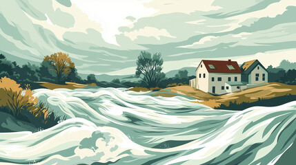 Scenic river landscape with house and dramatic sky in harmony with nature