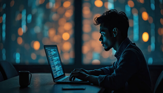Young man intently works on laptop illuminated by city lights. Focus on coding interface suggests digital security tech development. Moody atmosphere hints at late-night work, potential privacy