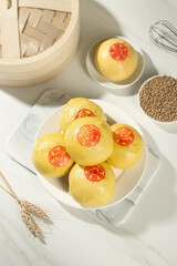 Handmade Chinese Steamed Buns with Fortune Stamps and Bamboo Steamer Traditional Asian Food