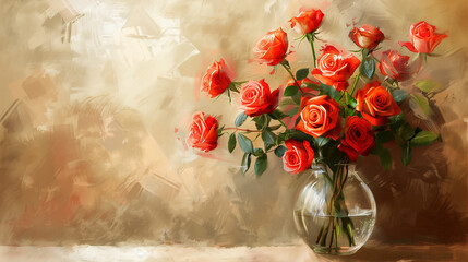 Vase of red roses on table with textured background and copy space