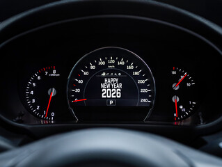 Close-up of a black speedometer with the message 