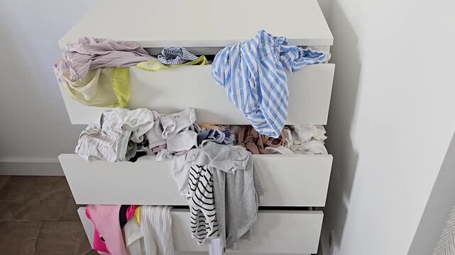 A cluttered corner with a messy dresser and wrinkled laundry &mdash; image of domestic life and the invisible effort of a busy woman.