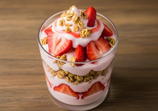  Overhead view of a layered strawberry parfait