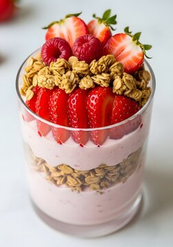  Overhead view of a layered strawberry parfait