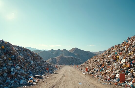 Large waste landfill with piles of garbage plastic debris and a clear sky. Dirty road leads through rubbish mountains with distant hills visible environmental pollution problem.