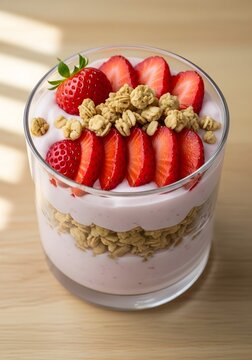  Overhead view of a layered strawberry parfait