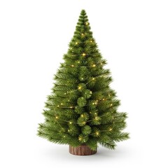 Fototapeta premium Small Christmas Tree with Green Needles and Warm Yellow Lights on White Background