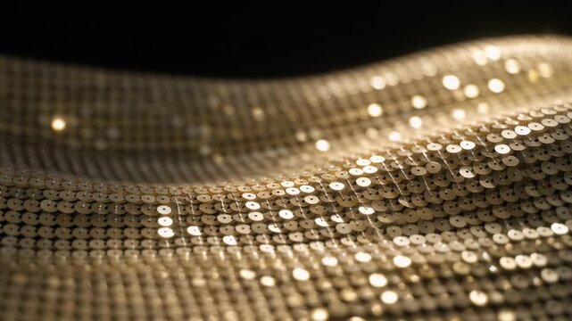 Close view of gold sequin fabric undulating under soft light; luxurious sparkle and elegant motion for festive projects
