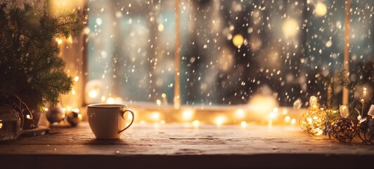 Cozy Christmas night scene from inside with warm glowing lights, frosty window, falling snow, wooden sill decorated with pine branches, ornaments and hot cocoa, cinematic holiday atmosphere 