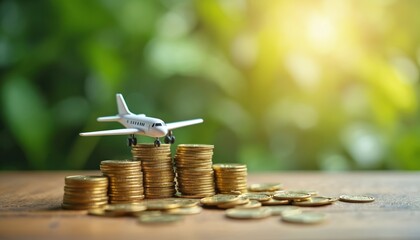 Toy plane stands on stack of golden coins. Money saved for journey on vacation. Blurred foliage in background. Travel budget planning and saving funds concept. Flight investment for adventure.