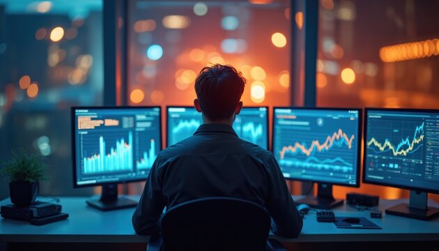 Businessman analyzes complex data streams on multiple monitors in darkened office overlooking city lights. Intense focus reflects digital charts, graphs, illustrating financial trends, market