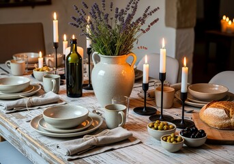 Fototapeta premium A beautifully set table with candles, lavender, dishes, olives, and bread for a cozy dinner party