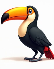 Obraz premium Cute cartoon toucan bird with big orange bill and black feathers stands on white background. Tropical avian creature, nature animal illustration for kids.