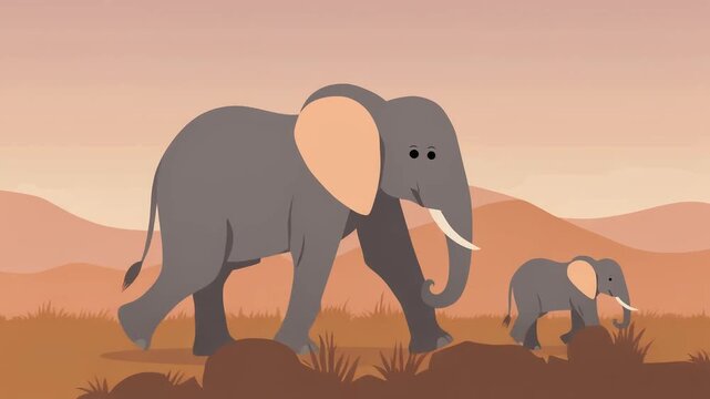Gentle giant mother elephant and her calf on a journey through the warm, dusty savanna landscape in a flat vector style