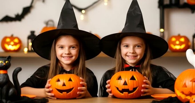 Two smiling girls in witch hats holding carved pumpkins for halloween