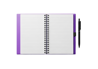 Open vibrant purple spiral-bound notebook with blank lined pages and a black pen, isolated on a transparent background with no shadows, crisp 45-degree overhead, concept of professional stationery