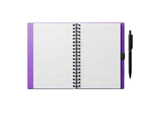 Open vibrant purple spiral-bound notebook with blank lined pages and a black pen, isolated on a transparent background with no shadows, crisp 45-degree overhead, concept of professional stationery