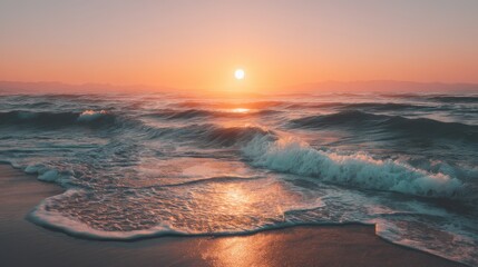 Fototapeta premium A serene sunset over ocean waves, casting warm hues across the sky and water, creating a tranquil and picturesque beach scene, relax background