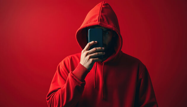 Person in red hoodie hides face behind smartphone. Focus on mobile phone use. Dark background suggests digital life issues. Modern screen addiction concept.