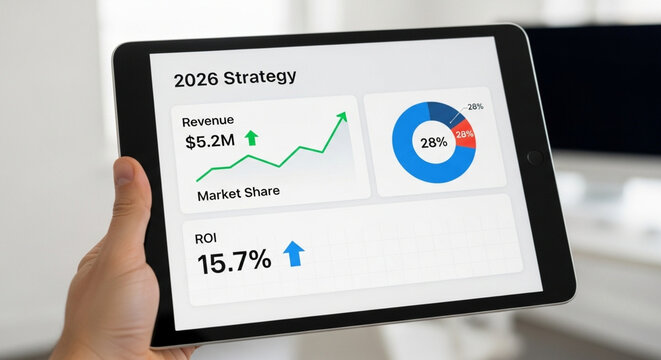 Hand holding tablet displaying a financial data analysis dashboard report