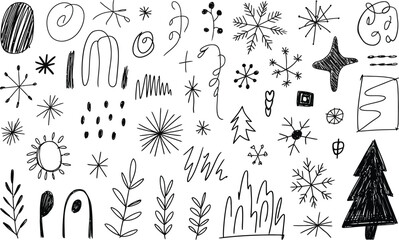 Hand drawn abstract winter elements and doodles collection