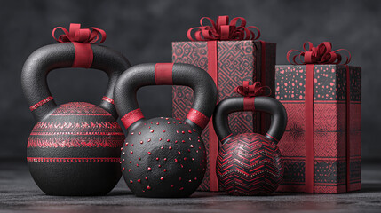 Unique holiday fitness gifts featuring kettlebells wrapped in festive decorations for a creative holiday season
