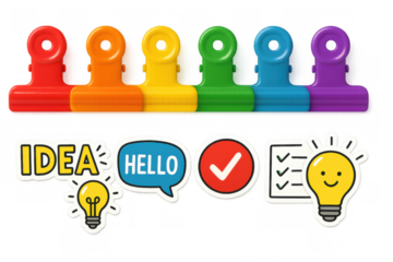 Colorful binder clips organized in rainbow order with bright stickers representing ideas, communication, and task completion on transparent background