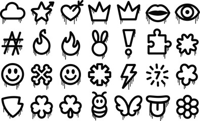 Set of doodle icons with dripping paint effect, graphic elements