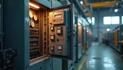 Industrial electrical control panel with open doors inside factory. Meters and switches show data, wires connect systems. Manufacturing tech, automation, power management, engineering work.