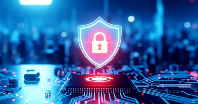 Cyber security shield with lock symbol on computer circuit board, digital concept - Powered by Adobe