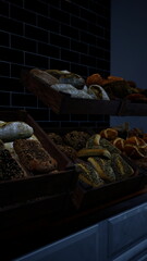 Artisan breads rest in wooden baskets, showcasing a variety of textures and colors. The warm light reflects off the crusty loaves, creating an inviting atmosphere perfect for any bread lover.