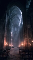 Obraz premium Mysterious cathedral interior with softly glowing candles and dramatic lighting