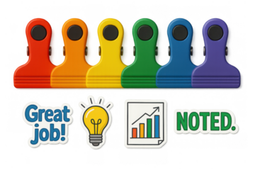 Colorful office clips and motivational stickers for productivity, ideas, goals, and positive feedback on transparent background