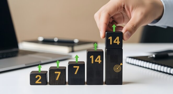 Hand placing number block on increasing bar chart representing business growth
