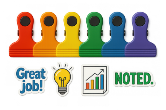 Colorful office clips and motivational stickers for productivity, ideas, goals, and positive feedback on transparent background