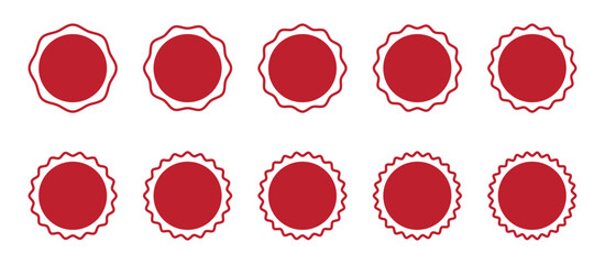 Red sale stickers with zigzag edges. Color circle frames with wiggly borders.Set of circles with zigzag edges, Sunburst sticker shapes, Rounded starburst zigzag.  