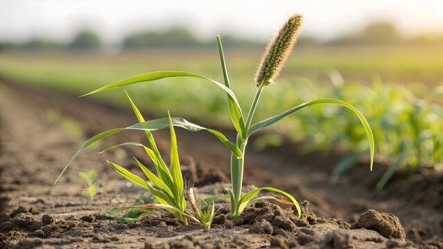 Foxtail Millet Plant &ndash; Setaria italica Single Plant with Brush-Like Seed Head in Natural Field