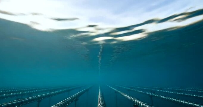 Underwater view of parallel cables or pipes on the seabed, ocean floor