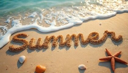 Word summer made of sand on beach near sea water. Vacation concept with shells and starfish on coast. Travel and relax mood for holiday at seaside resort.